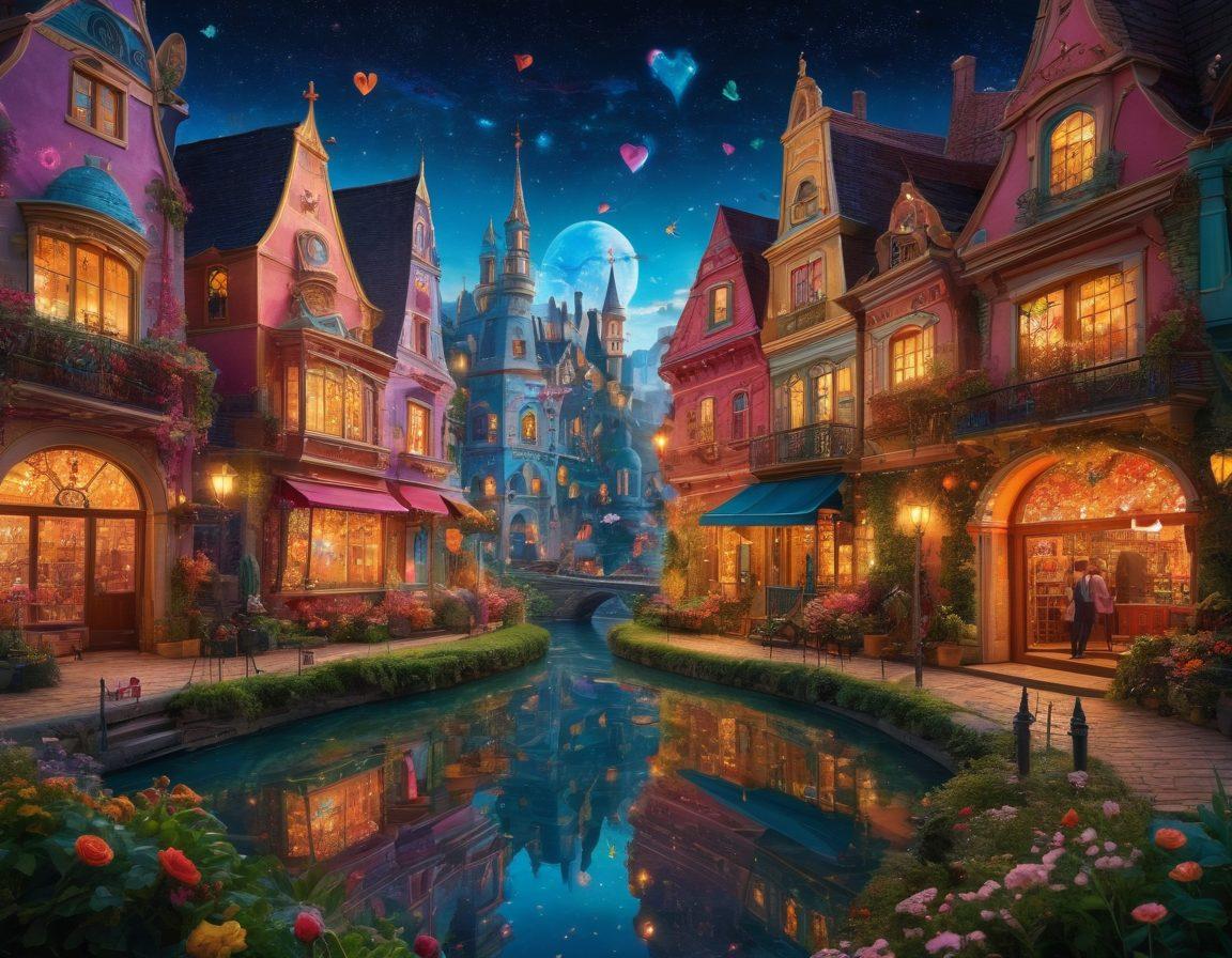 A whimsical, surreal landscape blending elements of fantasy and reality, featuring animated characters exploring adult themes in a vibrant, colorful setting. Include iconic symbols of sexuality, like hearts and stars, woven into the scenery. The background showcases a dreamy cityscape with ethereal lights and whimsical architecture, signifying the transformation of media. Use a playful and imaginative art style to highlight the intersection of fantasy and reality. vibrant colors. surrealism.